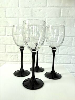 Luminarc Black Stems Goblets Wine Glasses Vintage Signed set of 4